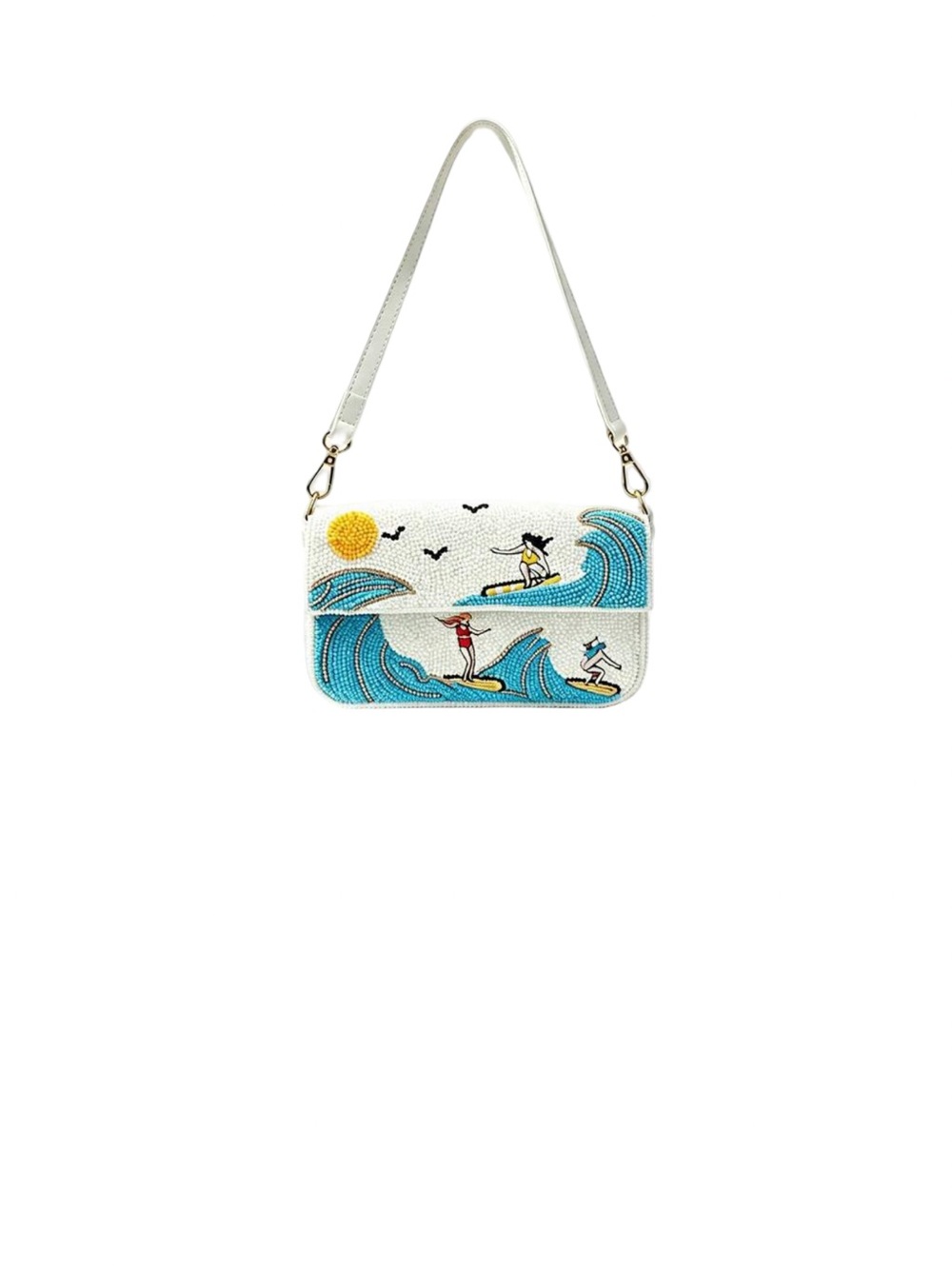 Source Unknown White Beaded Surf Scene Shoulder Bag with Blue Wave Accents